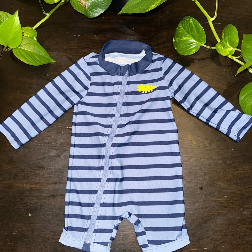 Striped Blue Baby Romper with Dinosaur